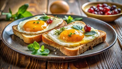A delightful breakfast featuring fried eggs on toasted bread, garnished with fresh herbs and cranberries