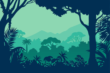 Serene jungle landscape featuring lush greenery, vibrant plants, and distant mountains, evoking a peaceful natural environment