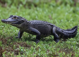 Fototapeta premium Lively Baby Crocodile Crawling Through Lush Green Grass in Natural Habitat, Showcasing Vibrant Scales and Lively Eye Expressions of Young Reptile
