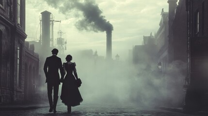 Obraz premium A couple walks down a foggy industrial city street together