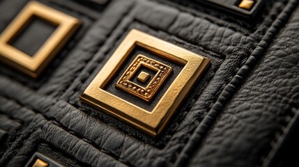 Gold squares on textured black leather close-up