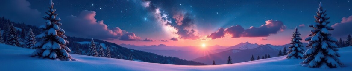 Fototapeta premium Glimmering stars and shooting star over snowy Christmas landscape, graphic, festive