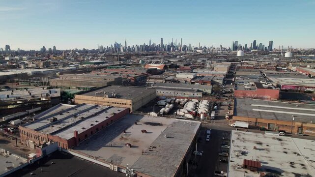 East Williamsburg, Brooklyn. 4K drone shot with industrial park and warehouses.