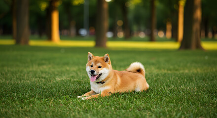 Happy Shiba Inu Dog Smiling in Park - Cute Pet Stock Photo