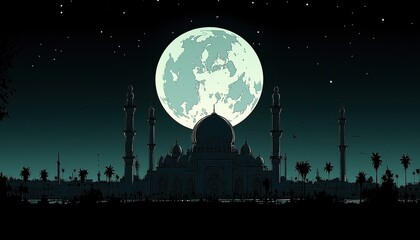 Naklejka premium Serene Ramadan Night Mosque Silhouette, Full Moon, Starry Sky
