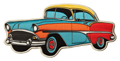 Classic car patch design vintage style embroidery colorful view. Patch design isolated
