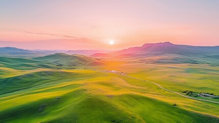 Serene Sunset Over Rolling Green Hills and Fields