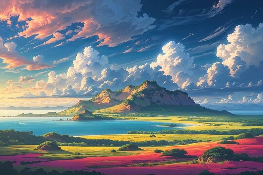 Lush Island and Field Scenery Featuring Clouds Radiant Light and Rich Textures