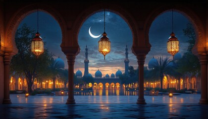 Ramadan Night Mosque, Crescent Moon and Lanterns - Islamic Architecture