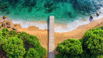 Aerial view of wooden jetty on a tropical beach with turquoise water and lush greenery
