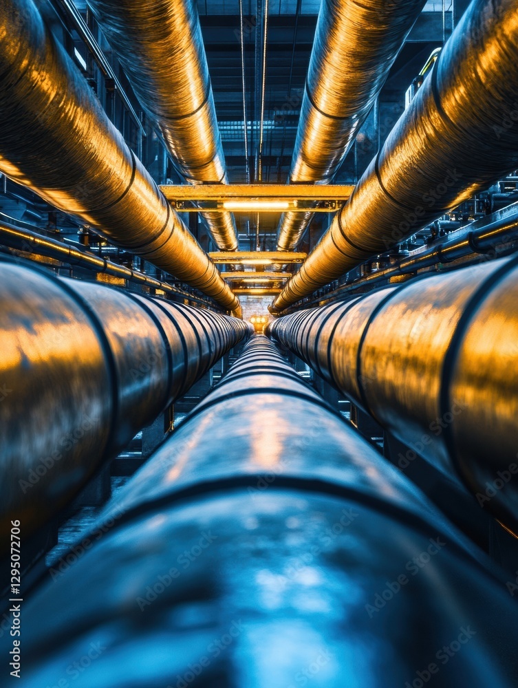 Poster pipes transporting gas, highlighting metallic textures and industrial design in an urban setting. ge