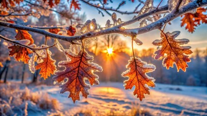Frost-Kissed Autumn Leaves Glimmering in the Golden Sunrise Light on a Snowy Branch