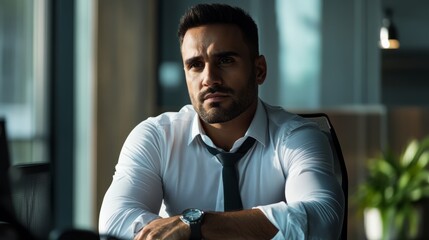 Focused businessman working diligently at his desk, embodying professionalism and determination.
