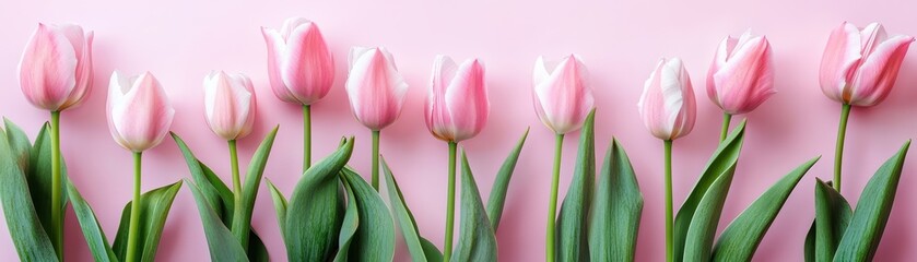 Naklejka premium A vibrant display of pink tulips stands elegantly lined up against a soft, complementary pink background.