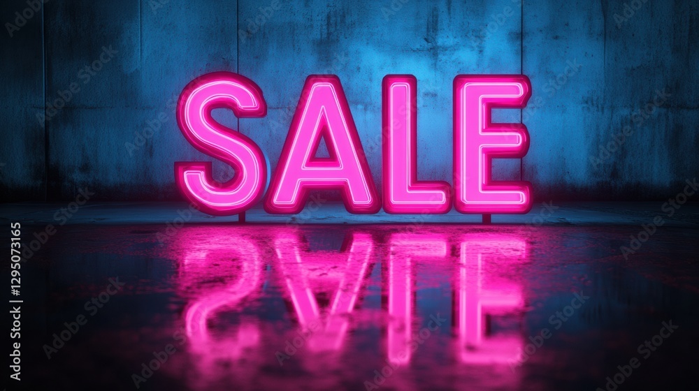 Poster Glowing sale sign illuminated in a modern setting with a reflective surface and vibrant colors. Generative AI