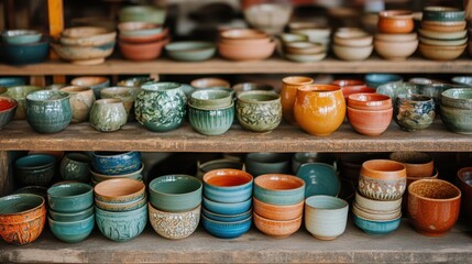 A vibrant shelf showcases an array of bowls in various colors and designs, highlighting their unique shapes and textures in a visually appealing arrangement.