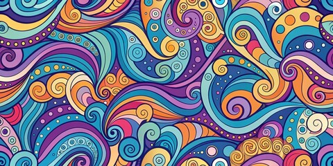 Naklejka premium Vibrant Swirling Abstract Design with Intertwined Colorful Waves and Organic Shapes Featuring a Psychedelic Pattern of Curls, Dots, and Spirals