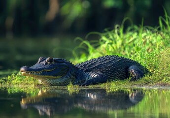 Fototapeta premium Majestic Freshwater Crocodile Resting on Lush Green Grass by the Water's Edge in Serene Natural Habitat Captured with Stunning Detail