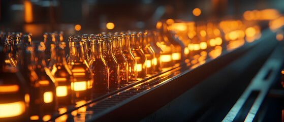 Brewery conveyor with glass beer bottles in a modern production line  -  