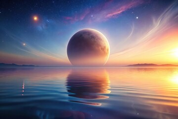 Serene Celestial Body Rising Over Tranquil Waters at Sunset, Reflecting in Calm Ocean