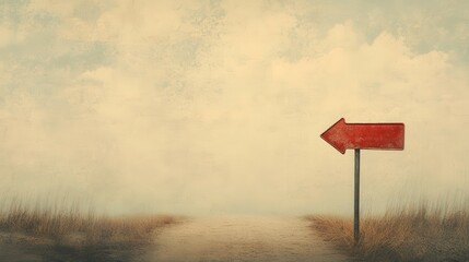 Directional Red Arrow Sign Amidst Soft Clouds and Grass Landscape