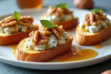 Luxurious Crostini: Gorgonzola, Walnut, and Sweet Honey Topping
