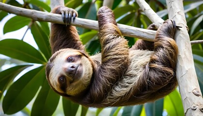 Adorable Three Toed Sloth Hanging Upside Down on a Tropical Tree Branch