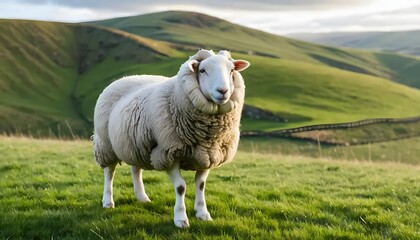 Fototapeta premium Fluffy White Sheep Grazing in Verdant Rolling Hills Landscape