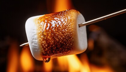Ultra macro of a marshmallow being toasted, with bubbling caramelized sugar forming on the surface, capturing the crispy texture and golden glow