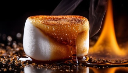 Ultra macro of a marshmallow being toasted, with bubbling caramelized sugar forming on the surface, capturing the crispy texture and golden glow