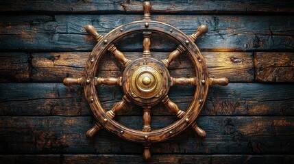 Obraz premium Antique wooden ship's wheel on rustic dark wood background