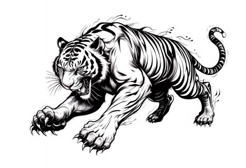 Tiger illustration roaring aggressively and charging forward in black and white style