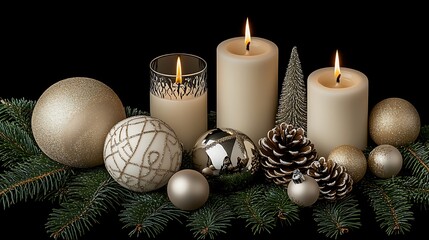 Elegant Christmas Candlelight and Ornaments Still Life Photography AI Generated