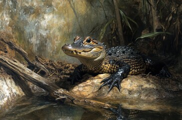 Realistic depiction of a crocodilian resting on a rock by the water, showcasing intricate textures and details in its skin and environment