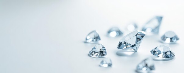 Several sparkling diamonds scattered on pure white backdrop, white background, sparkling diamonds