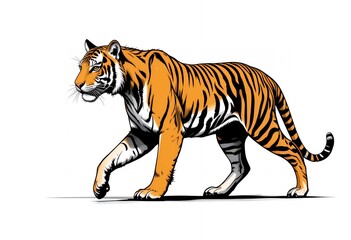 Tiger Walking Illustration with Orange and Black Stripes on White Background