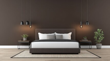 Modern bedroom interior, minimalist design, dark wall, comfy bed