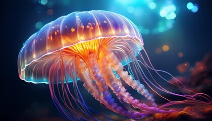 Fototapeta premium Close-up of a jellyfish tentacle, with a bioluminescent glow illuminating its delicate structure, showcasing the translucent beauty and intricate texture.