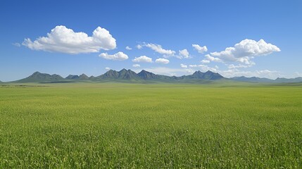 Fototapeta premium Vast Green Field Under a Blue Sky with Distant Mountains
