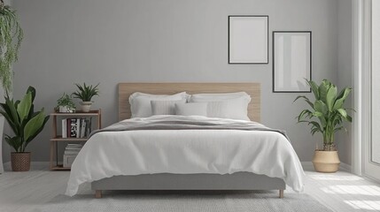 Modern bedroom interior, minimalist style, peaceful ambiance