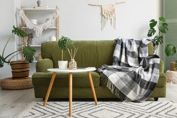 Interior of living room with sofa and Monstera houseplants near white wall