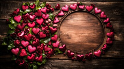 A wooden heart-shaped frame is elegantly surrounded by vibrant red roses, creating a romantic and warm atmosphere ideal for cherished memories.
