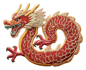 Fototapeta premium Dynamic embroidered dragon cultural showcase textile vibrant detail. Patch design isolated