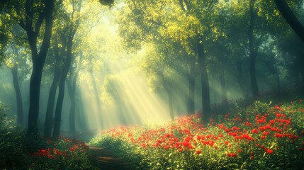 Obraz premium Beautiful colorful wild flowers in deep foggy forest with sun light in Spring.