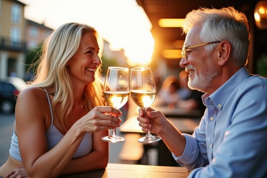 A Joyful Seniors' Romantic Evening: A Geriatric Man with Silver Hair and a Middle-Aged Blond Woman Toasting with Glasses of White Wine in a Sunny Outdoor Setting - Powered by Adobe