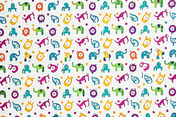 Colorful whimsical animal pattern on white background.