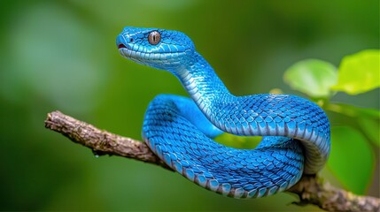 Fototapeta premium Blue viper coiled on branch, rainforest background, wildlife photography