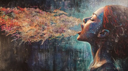 Abstract portrait of a woman exhaling vibrant colors against a textured background