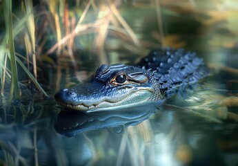 Fototapeta premium Serene Profile of a Swamp-Creature Gliding Through Crystal Waters Surrounded by Lush Vegetation and Gentle Reflections