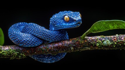 Fototapeta premium Blue viper coiled on branch, rainforest night, wildlife photography